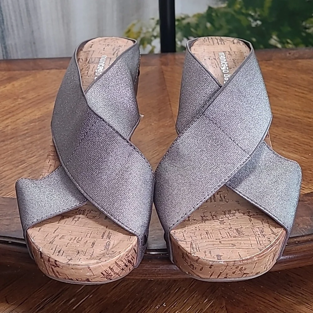 New! Montego Bay Club Womens 9.5 sparkly silver platform cork wedge sandals